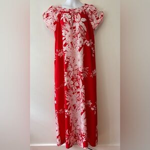 Vintage Hilo Hattie maxi dress muumuu petal sleeve pocket women medium red white